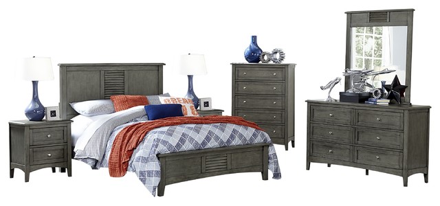 6 Piece Gadison Rustic Queen Bed Dresser Mirror 2 Nightstand Chest Gray Transitional Bedroom Furniture Sets By Amoc