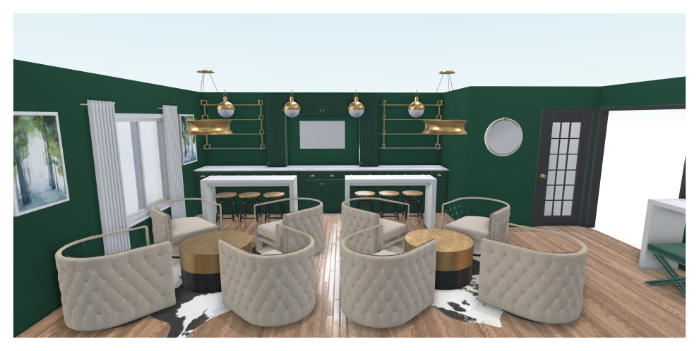 フィラデルフィアにあるラグジュアリーな巨大なトランジショナルスタイルのおしゃれな着席型バー (I型、アンダーカウンターシンク、レイズドパネル扉のキャビネット、緑のキャビネット、クオーツストーンカウンター、緑のキッチンパネル、ガラスタイルのキッチンパネル、無垢フローリング、茶色い床、白いキッチンカウンター) の写真