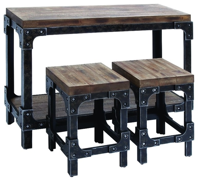 Console Table 2 Stools Distressed Wood Metal Home Accent Decor