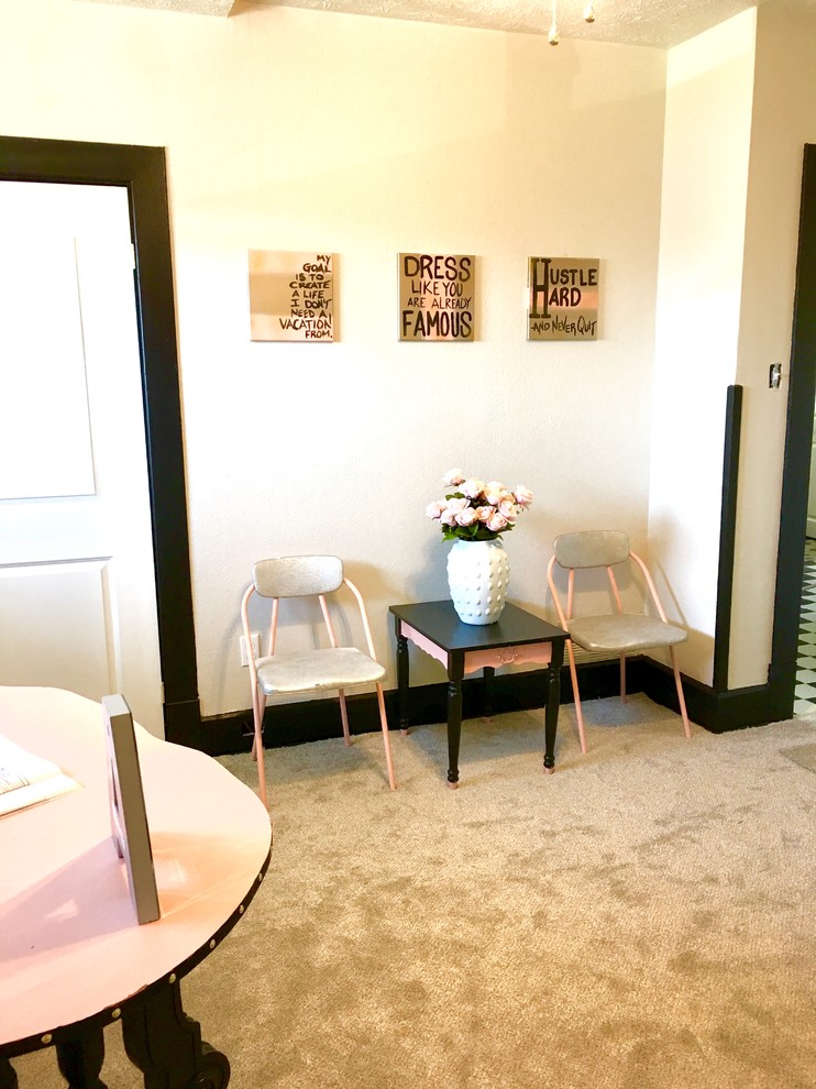 Example of a mid-sized transitional freestanding desk carpeted and gray floor home office design with white walls