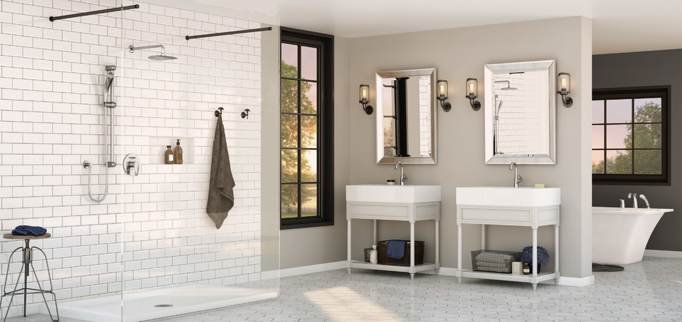 Inspiration for a transitional bathroom in Indianapolis with furniture-like cabinets, white cabinets, a freestanding tub, an open shower, white tile, subway tile, white walls, ceramic floors, glass benchtops, white floor and an open shower.
