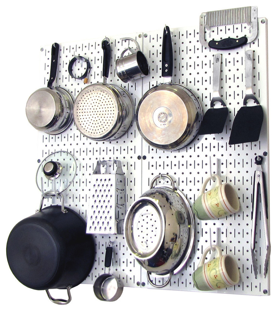 Kitchen Pegboard Organizer Pots and Pans, White Pegboard and White Accessories