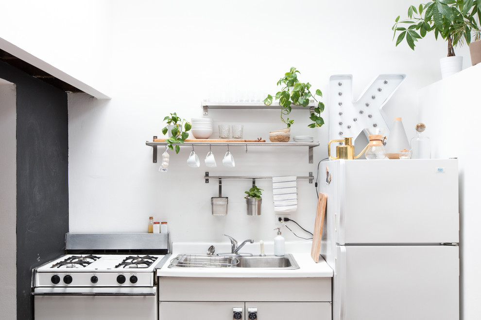 Scandinavian single-wall kitchen in Chicago with a double-bowl sink, white appliances, no island and open cabinets.