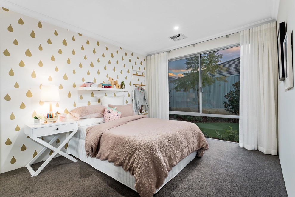 Inspiration for a mid-sized contemporary kids' bedroom for kids 4-10 years old and girls in Perth with white walls, carpet and brown floor.