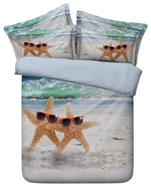 3D Bedding Cool Beach Starfish 4-Piece Duvet Cover Set, King
