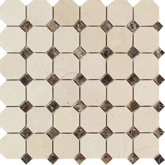 12"x12" Crema Marfil Marble Octagon Mosaic, Emp. Dark Dots, Set of 50