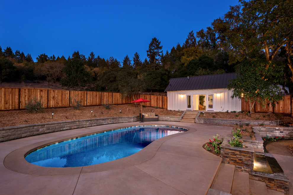 Mid-sized country backyard kidney-shaped pool in San Francisco with a pool house and concrete slab.