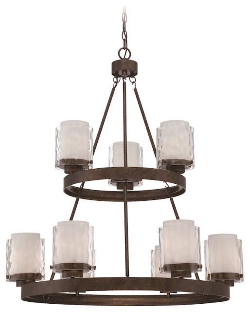 Craftmade Kenswick 9 Lt Chandelier, Peruvian Brz w/Clear Hammered/Frosted Ribbed