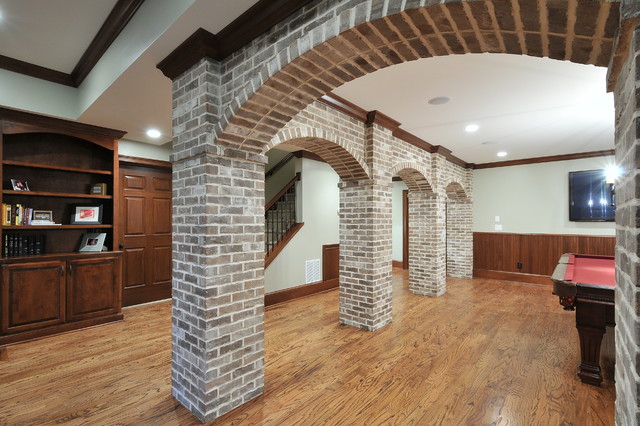 Basement with Brick Arches Traditional Family Room 