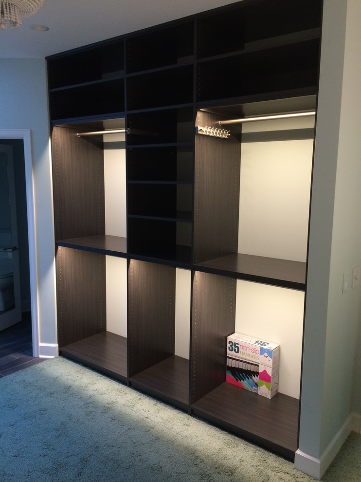 Photo of a mid-sized contemporary gender-neutral walk-in wardrobe in Other with flat-panel cabinets, dark wood cabinets and carpet.