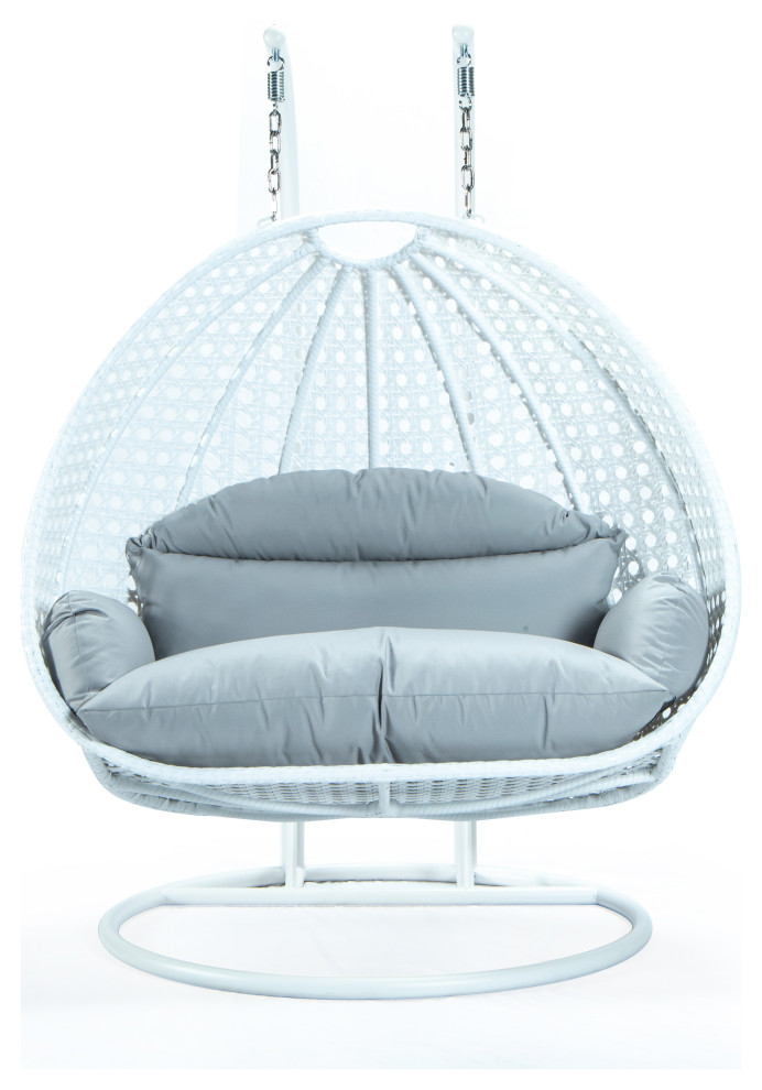 2 Person White Wicker Double Hanging Egg Swing Chair, Light Gray