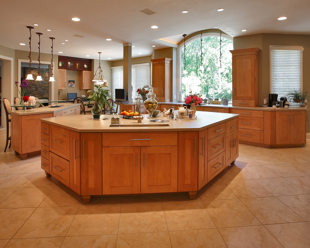 Eat-in kitchen - large transitional galley ceramic tile eat-in kitchen idea in DC Metro with an undermount sink, shaker cabinets, medium tone wood cabinets, stainless steel appliances and an island