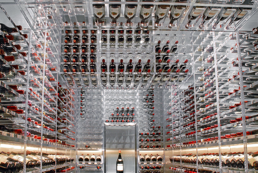 Inspiration for a large modern wine cellar in San Francisco with linoleum floors, storage racks and white floor.