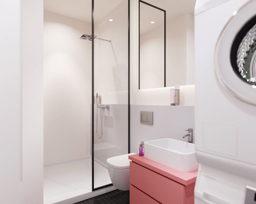 Foto på ett mellanstort funkis rosa badrum med dusch, med släta luckor, lila skåp, en öppen dusch, en toalettstol med separat cisternkåpa, vita väggar, mosaikgolv, ett fristående handfat, bänkskiva i akrylsten, grått golv och med dusch som är öppen