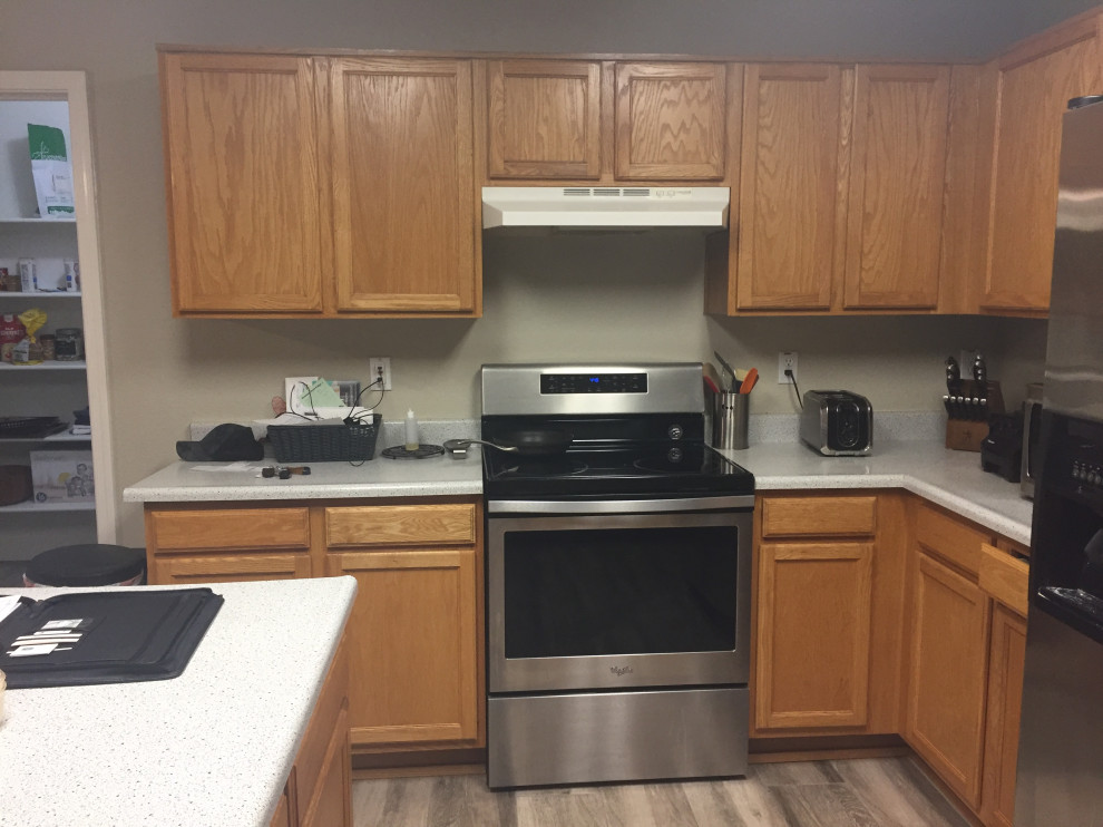 Mid-sized transitional gray floor kitchen photo in Phoenix with an island
