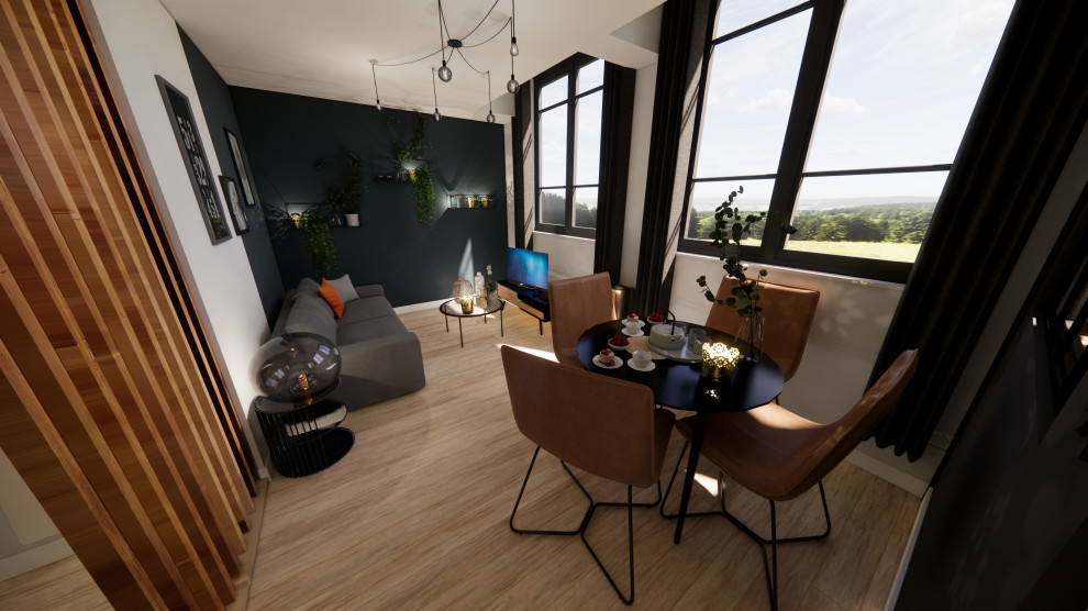 Diseño de sala de estar urbana pequeña sin chimenea con paredes verdes, suelo de madera clara, televisor independiente y suelo beige