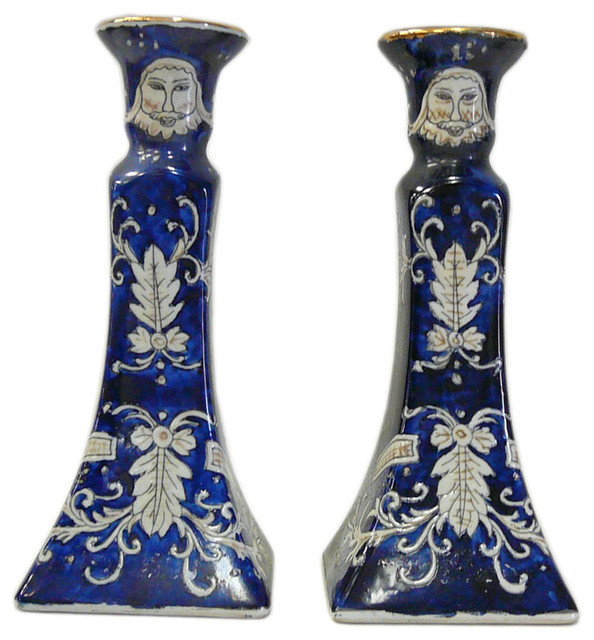 Chinese Porcelain Blue White Graphic Candle Holders Asian Chinese Porcelain Blue White Graphic Candle Holders
