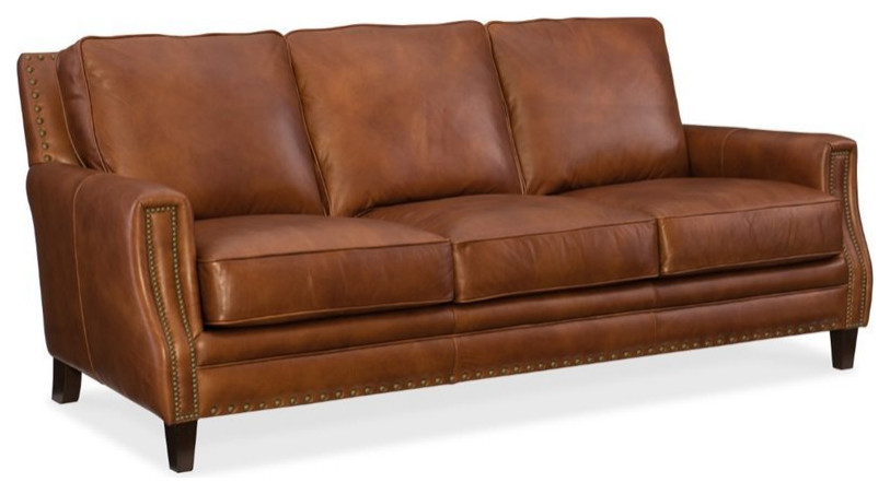 Beaumont Lane Upholstered Traditional Leather Sofa with Nailhead Trim in Brown