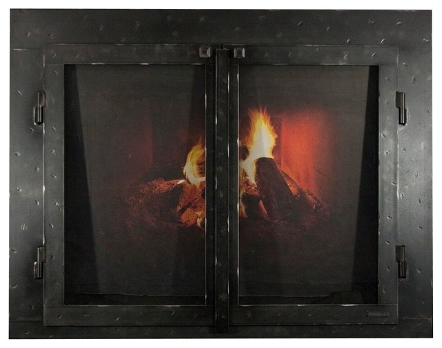 Iron Fireplace Glass Door with Gate Mesh, 4" Frame, Black Copper, 47"x32"