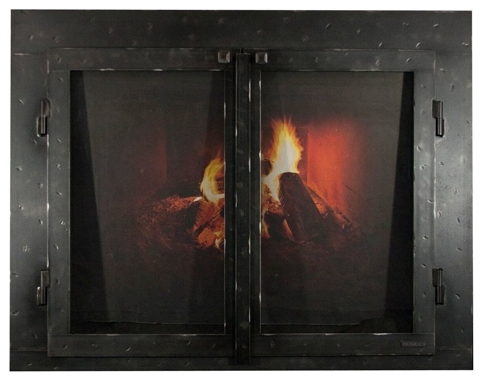 Iron Fireplace Glass Door With Gate Mesh 4 Frame Industrial