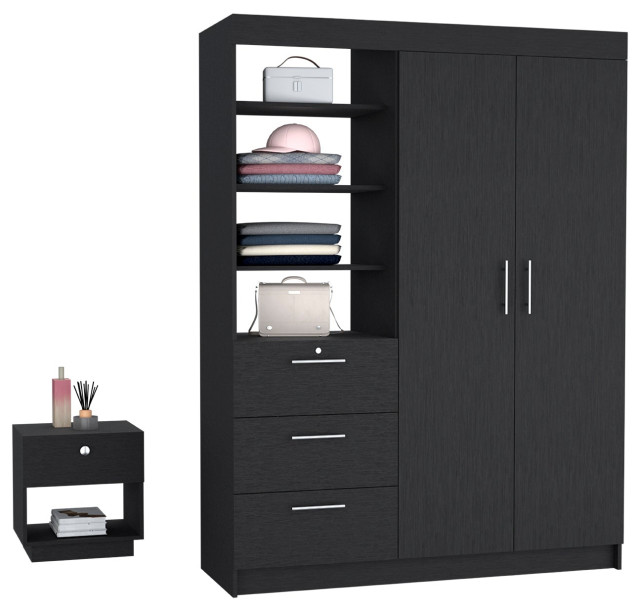 Peyton 2 Piece Bedroom Set, Armoire + Nightstand, Black Transitional