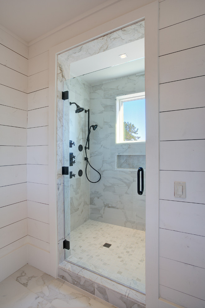 Mid-sized country 3/4 bathroom in San Francisco with white tile, raised-panel cabinets, a corner tub, an open shower, a one-piece toilet, stone slab, white walls, ceramic floors, a drop-in sink and soapstone benchtops.