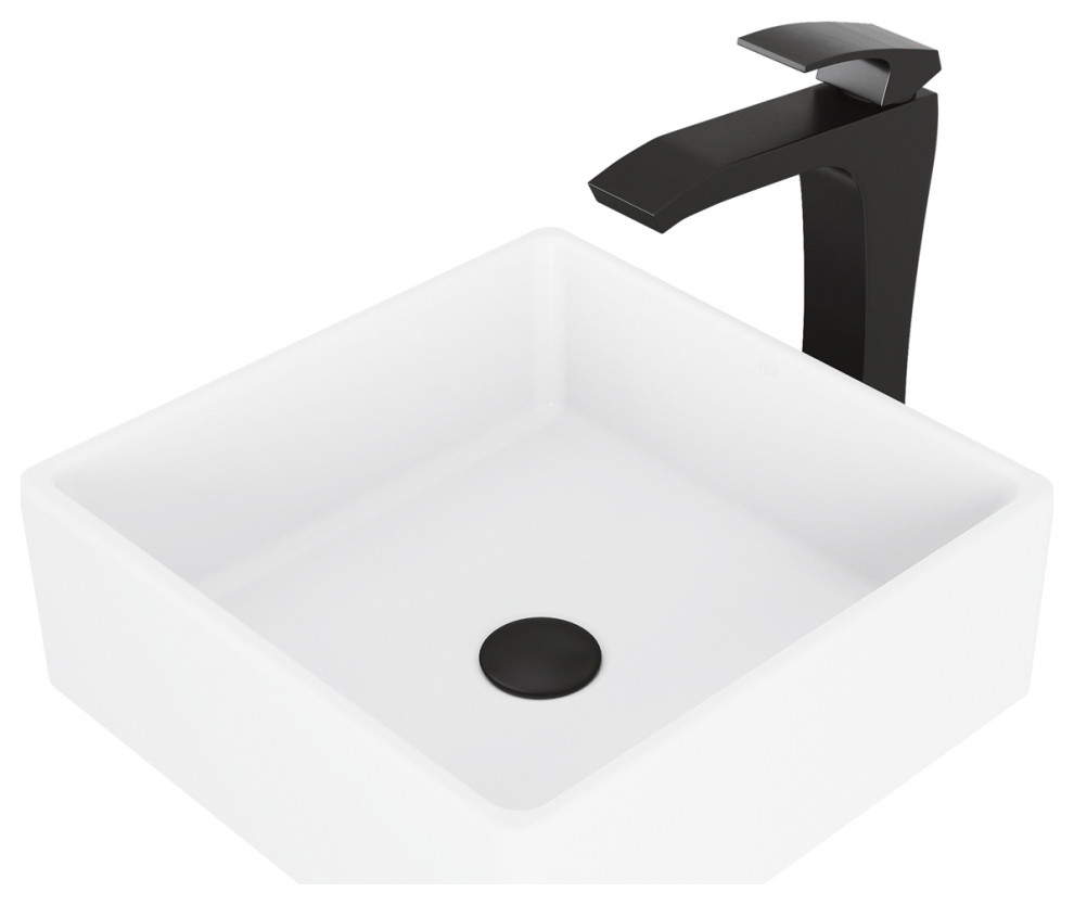 VIGO Bavaro Matte Stone Vessel Sink and Blackstonian Faucet Set, Matte Black Pop-Up Drain