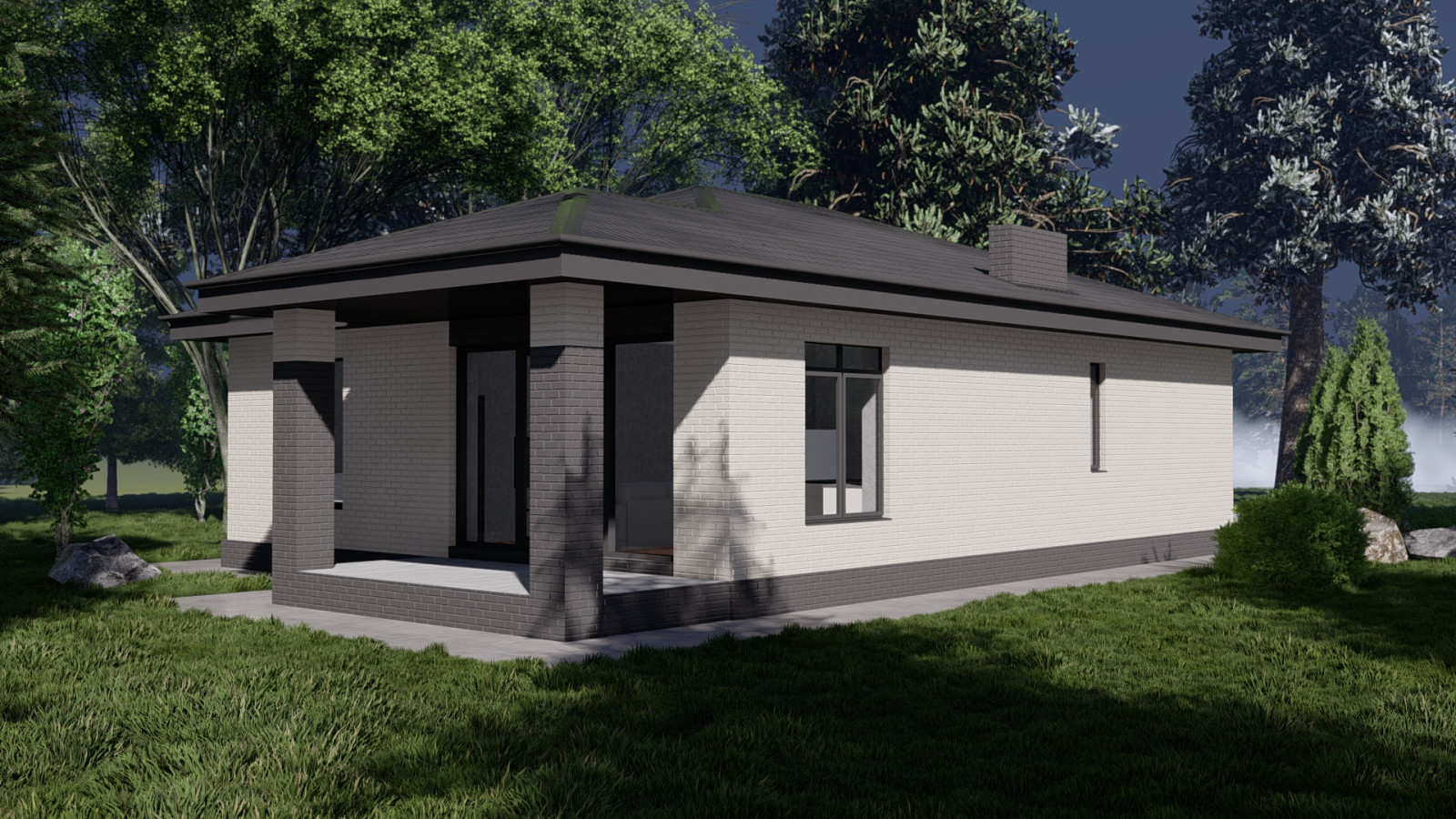 Одноэтажный дом с двумя спальнями, кабинетом и кухней-столовой (107 м2)