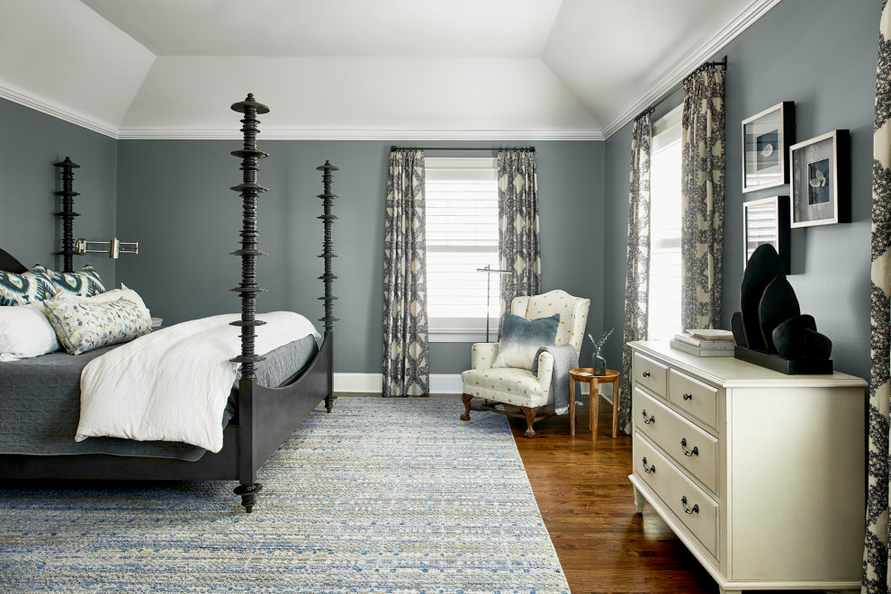 Mid-sized transitional master bedroom in Atlanta with grey walls, dark hardwood floors, brown floor and recessed.