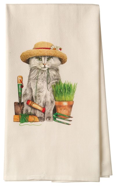 Busy Kitties Tea Towels Gray Gardening Cat Cotton Flour Sack