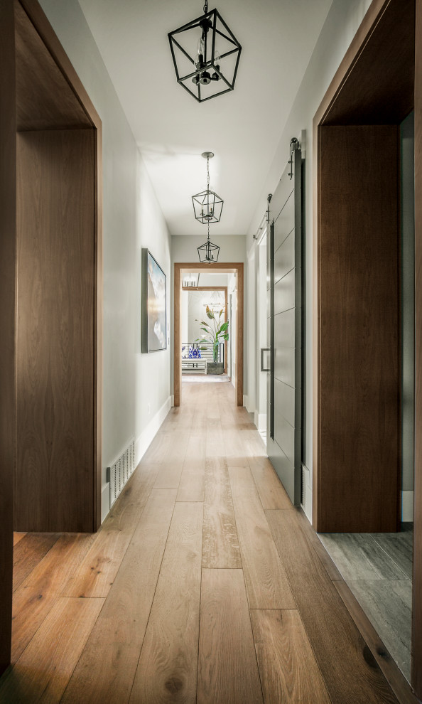 Mid-sized transitional hallway in Salt Lake City with grey walls, medium hardwood floors and brown floor.