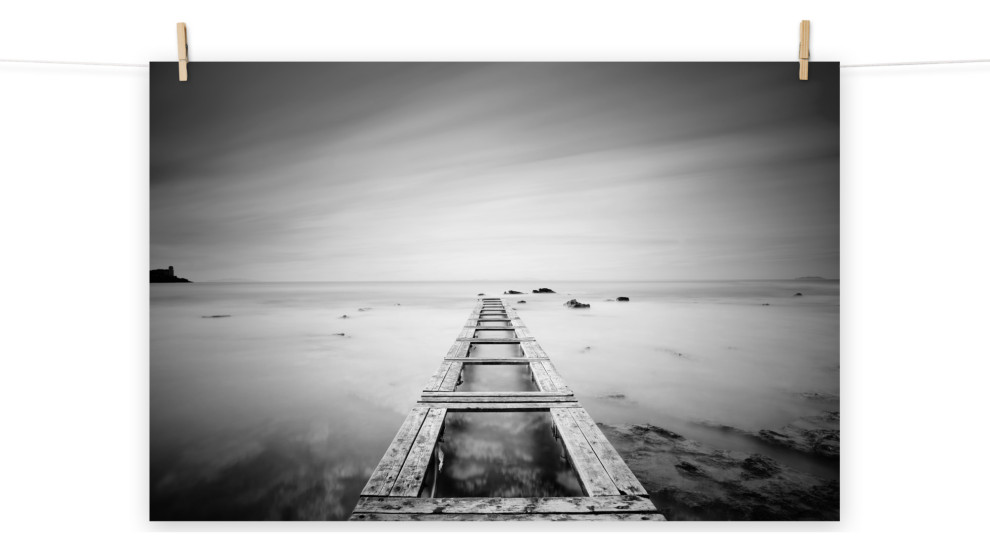 Moody Ocean & Sky Wooden Pier Black & White Landscape Photo Loose Wall