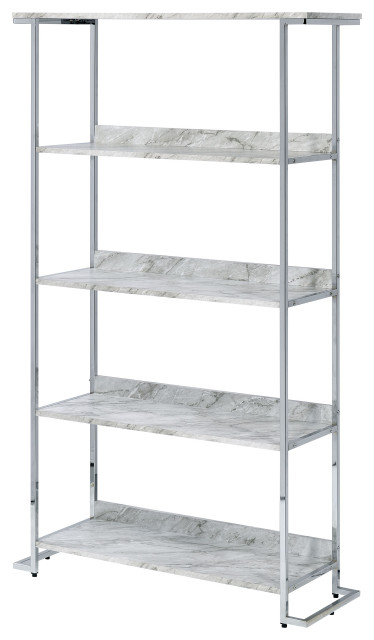 Visage Bookcase, White Printed Faux Marble and Chrome