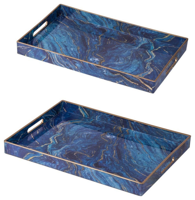Set of 2 Blue and Bronze Modern Chic Rectangular Trays 18.75