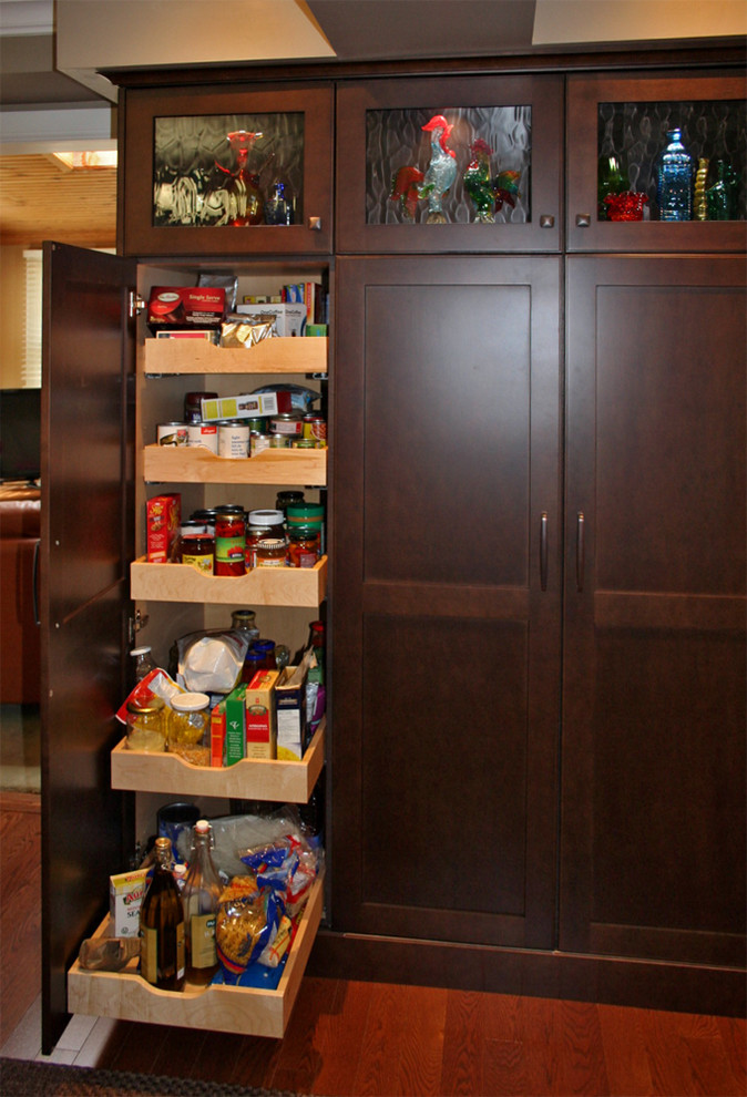 Kitchen pantry - large transitional single-wall medium tone wood floor kitchen pantry idea in Toronto with shaker cabinets and dark wood cabinets