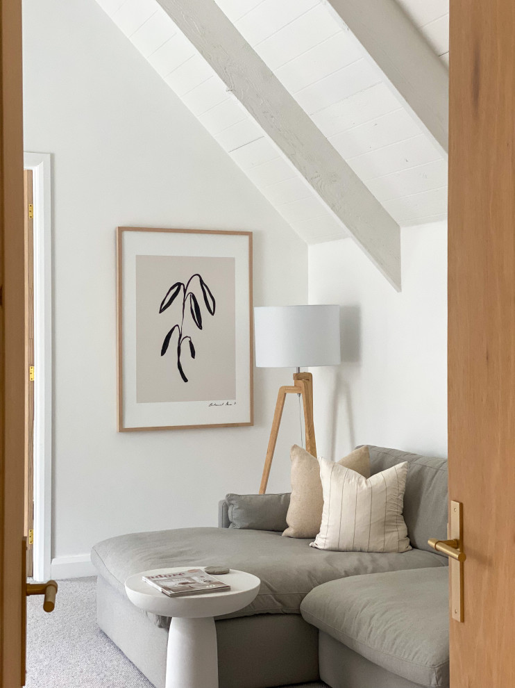 Ispirazione per un grande soggiorno tradizionale stile loft con pareti bianche, moquette, TV a parete, pavimento grigio e soffitto a volta