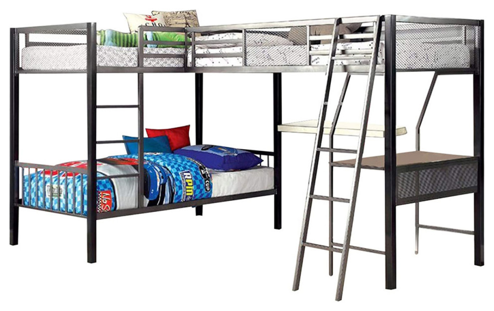 Metal Triple Twin Bunk Bed with Desk, Silver Industrial Bunk Beds by Simple Relax Houzz