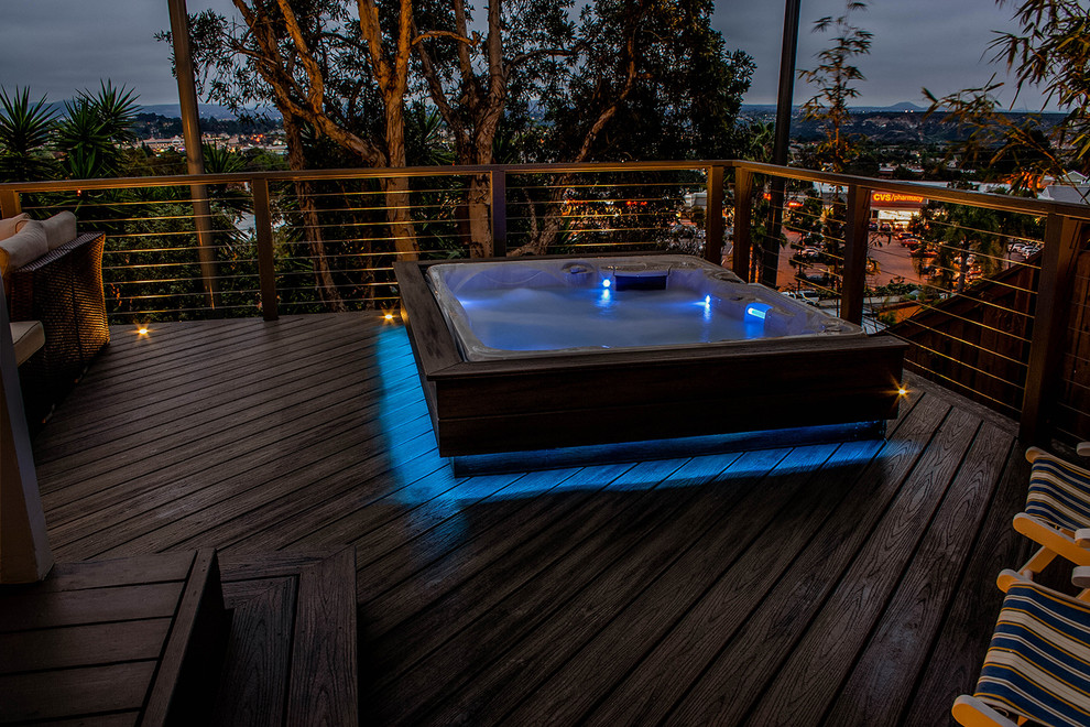 Inspiration for a mid-sized modern backyard deck in San Diego with a fire feature and no cover.