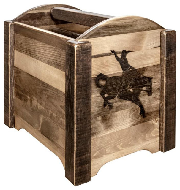 Montana Woodworks Homestead Wood Magazine Rack with Bronc Design in Brown