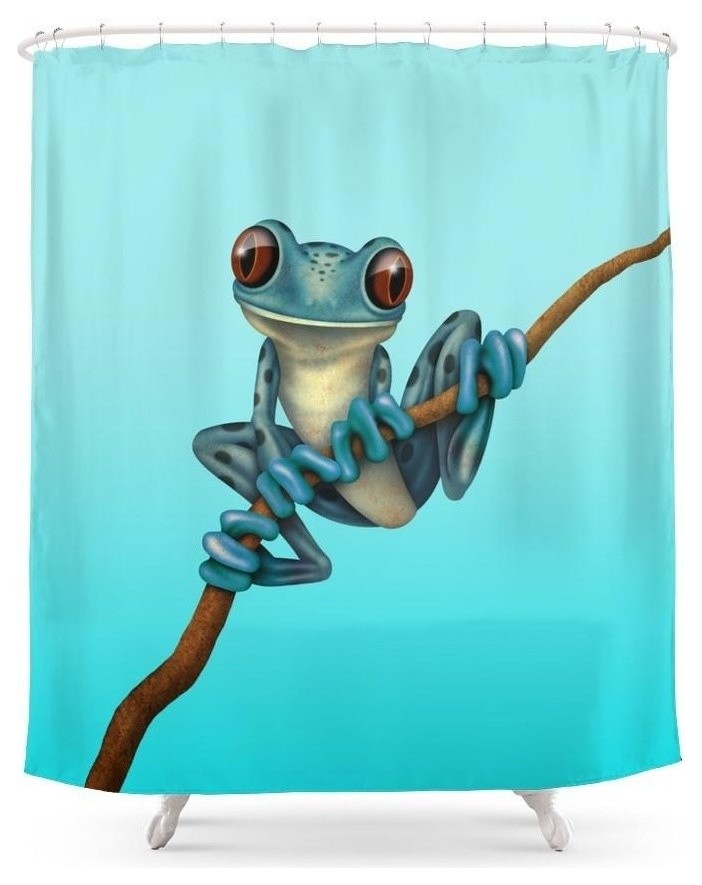 Society6 Cute Blue Tree Frog On A Branch Shower Curtain