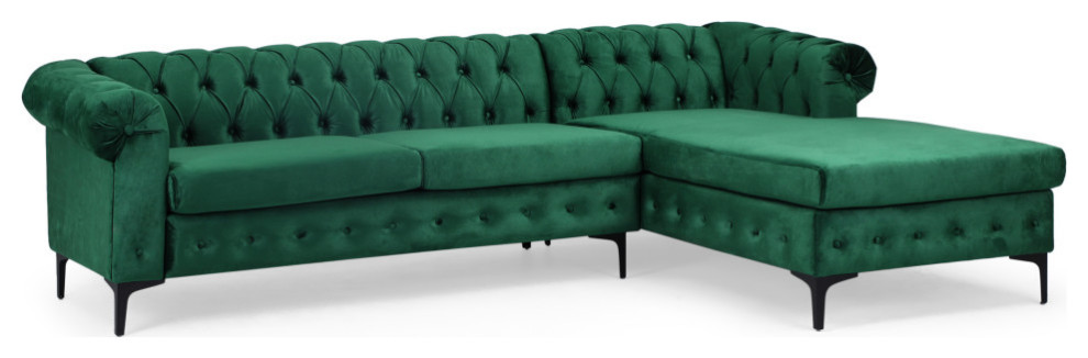 Nathanial Velvet 3-Seater Sectional Sofa With Chaise Lounge, Emerald and Black