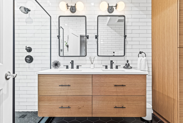 Black White And Wood Create Sleek Style, Black And White Bathroom Vanity