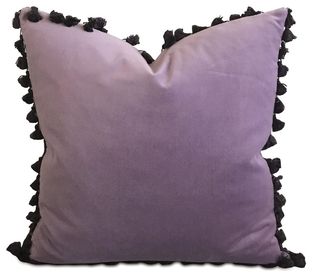 20 X 20 Lilac Velvet Pom Pom Trim Decorative Pillow Cover