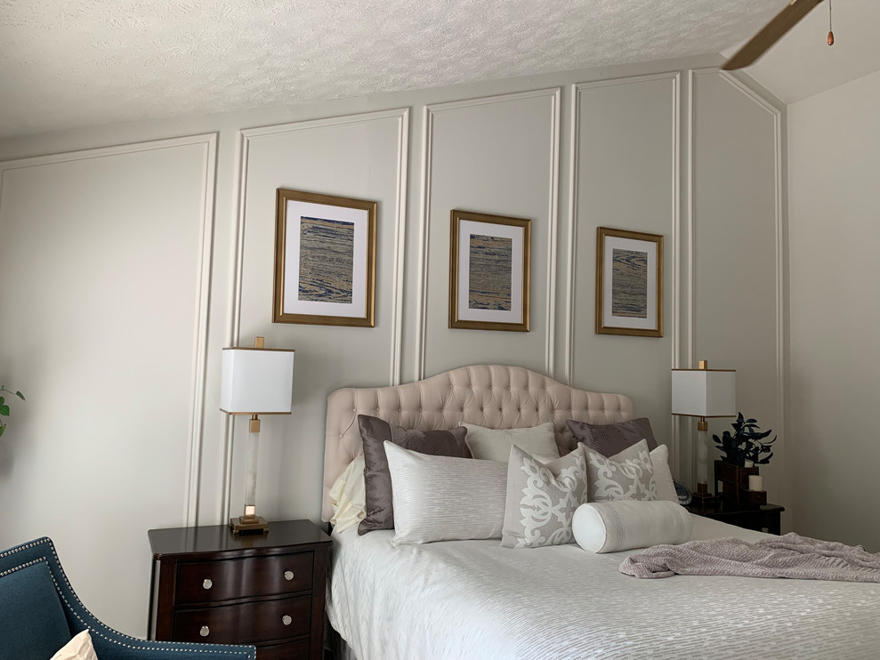 Design ideas for a mid-sized traditional master bedroom in Indianapolis with grey walls and no fireplace.