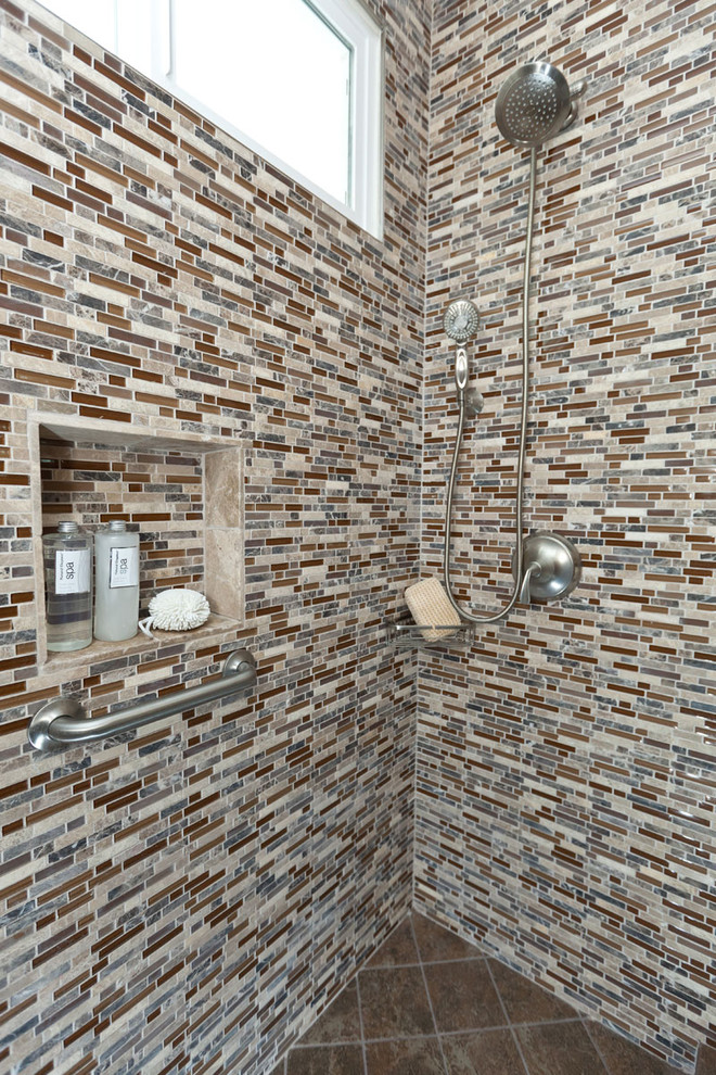 Design ideas for a contemporary bathroom in Los Angeles with a double shower, multi-coloured tile and matchstick tile.