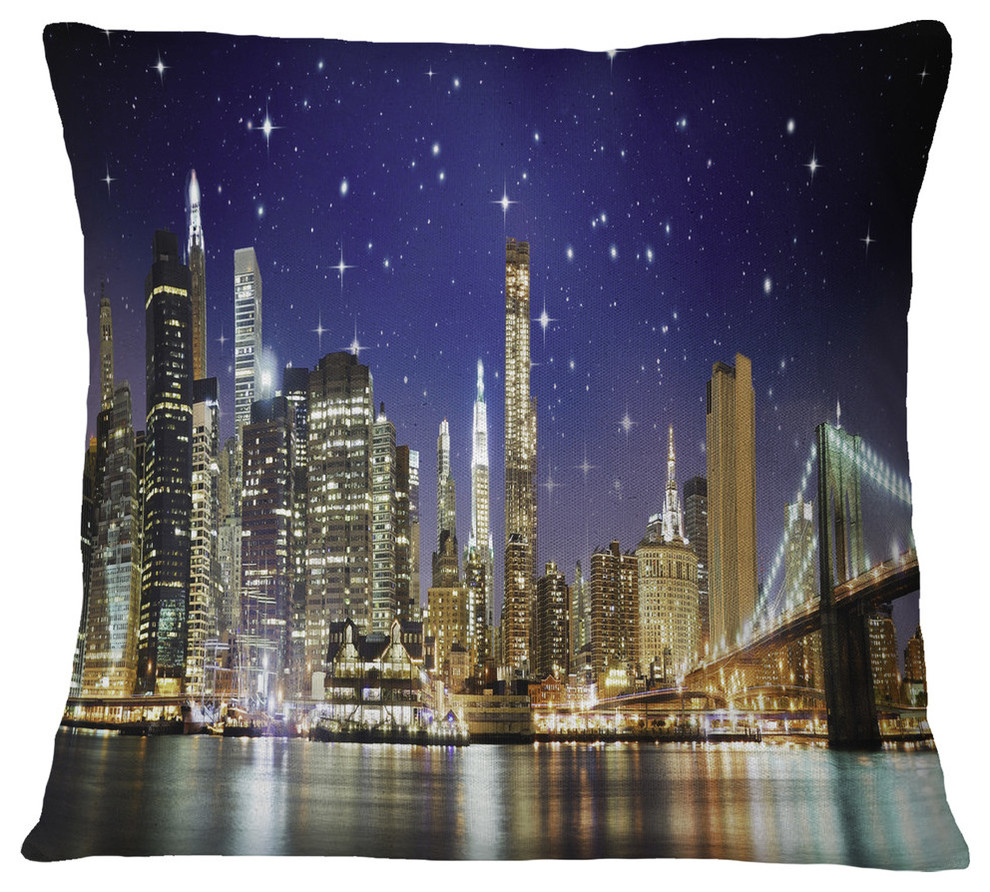 Night Colors Over Brooklyn Bridge Cityscape Photo Throw Pillow, 16"x16"
