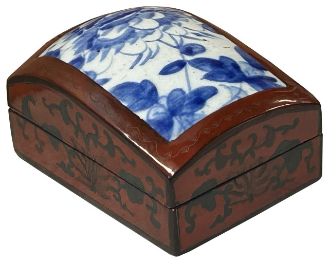 Chinese Old White Base Blue Flowers Porcelain Art Lacquer Box Hws3879