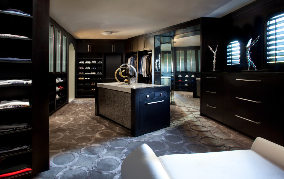 Photo of an expansive contemporary gender-neutral dressing room in Phoenix with flat-panel cabinets, black cabinets, carpet and multi-coloured floor.