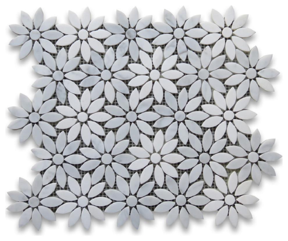 Carrara White Thassos Marble Daisy Flower Floral Mosaic Tile Honed, 1 sheet