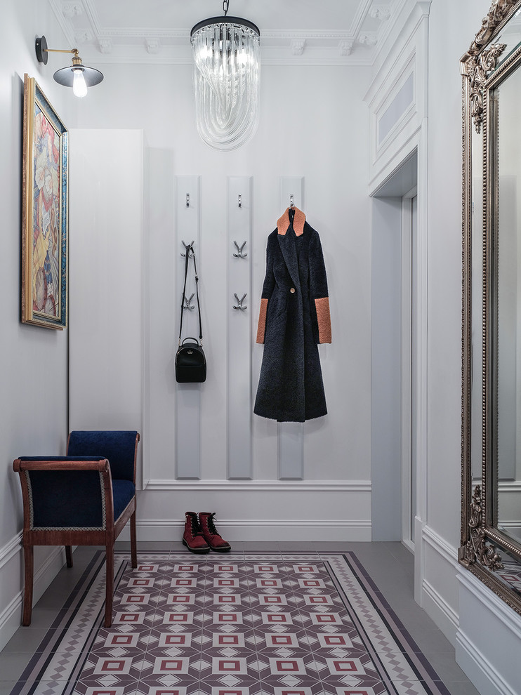 Inspiration for a small transitional front door in Moscow with white walls, porcelain floors, a single front door, a white front door and multi-coloured floor.